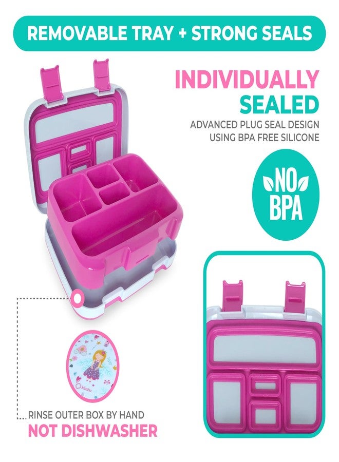 kinsho Bento Lunch Box for Kids Toddlers Girls, 5 Portion Sections Secure Lid, Microwave Safe BPA Free Removable Tray, Pre-School Kid Daycare Lunches Snack Container Ages 3 to 5, Pink Fairy Princess - Image 4